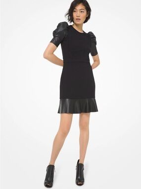 Michael Kors Black Mini Dress with Puff Faux-Leather Sleeves
